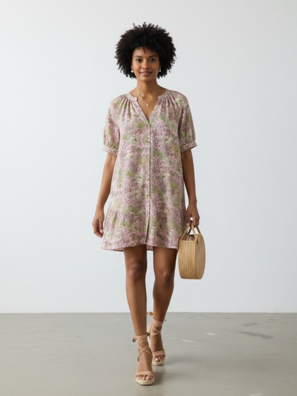 Entro NWT Pink Green Floral Cotton Mini Dress with Pockets Medium